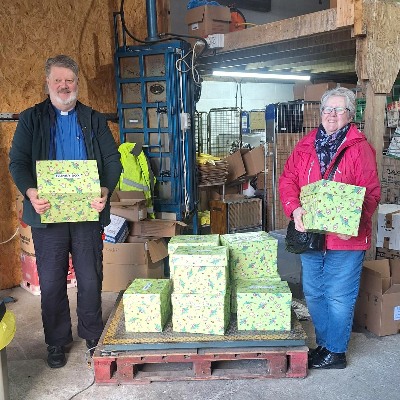 Revd Dave & Gill with shoebox gifts